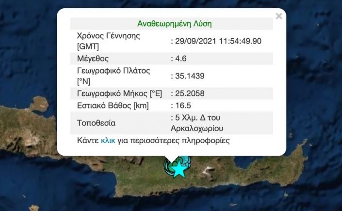 Crete earthquake:  Σεισμός 4,6 Ρίχτερ στο Αρκαλοχώρι Ηρακλείου