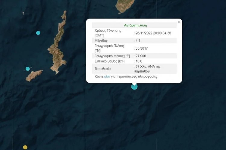 Karpathos earthquake: Σεισμός το βράδυ του Σαββάτου, μεγέθους 4,3 Ρίχτερ Ανατολικά της Καρπάθου