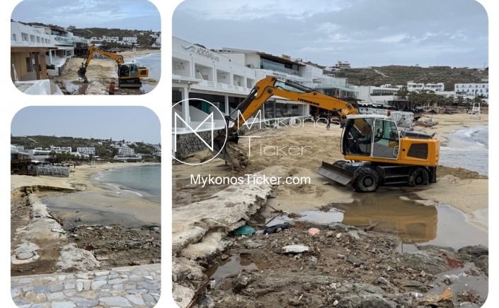 ΔEYA Mυκόvoυ: Εργασίες αποκατάστασης ζημιών και επανεπίχωσης αγωγού αποχέτευσης στην παραλία Πλατύ Γιαλός