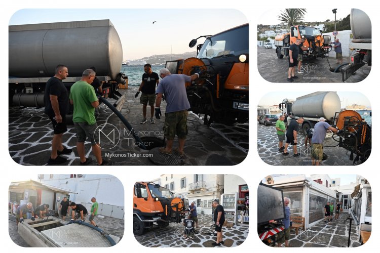 Mykonos Water and Sewerage Company: Scheduled cleaning of manholes and drainage pipes using water jets and a sewage pumping station in Paralia, Chora Mykonou  [Images & Video]