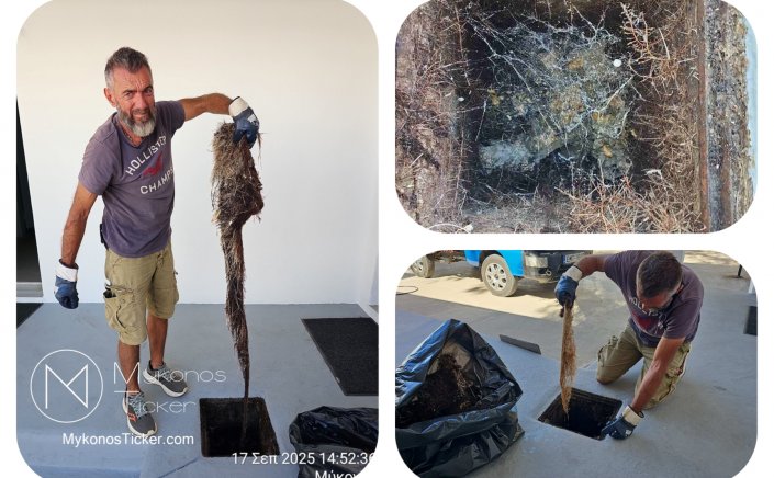 ΔΕΥΑ Μυκόνου: Προγραμματισμένες εργασίες ριζόκοψης σε φρεάτια και αγωγούς απoχέτευσηs στο 1ο Δημοτικό σχολείο στην Λάκκα [Εικόνες]