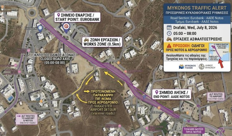 Traffic Alert - Μύκονος: Προσωρινές κυκλοφοριακές ρυθμίσεις στο Δραφάκι την Τετάρτη 8 Ιουλίου 2026 – Όλα όσα πρέπει να γνωρίζουν οδηγοί, κάτοικοι και επισκέπτες